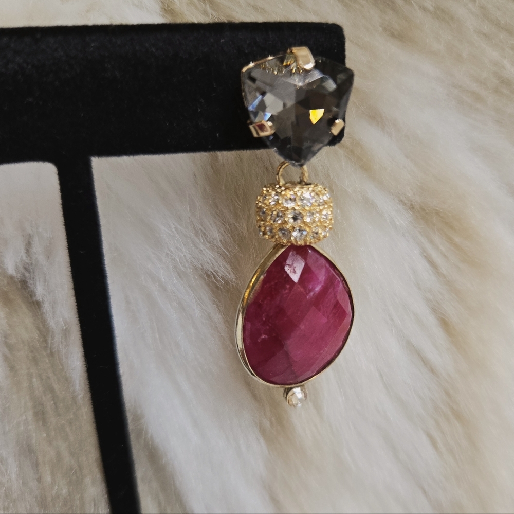 Grey Gemstone, Gold And Swarovski Crystal With Ruby Faceted Drop Earrings